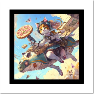 Funny Cute Cat Flying and Eating Pizza - Anime Style Art Birthday Gift ideas For Anime Lovers Posters and Art